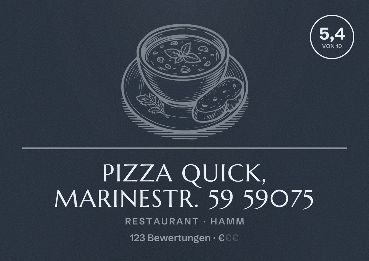 Illustriertes Poster von Pizza Quick, Marinestr. 59 59075, Restaurant in Hamm: Bewertung 5,4 von 10 aus 123 Bewertungen, Preisniveau €