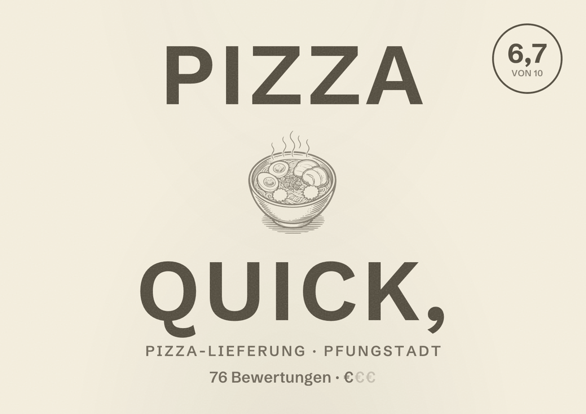 Illustriertes Poster von Pizza Quick,, Pizza-Lieferung in Pfungstadt: Bewertung 6,7 von 10 aus 76 Bewertungen, Preisniveau €