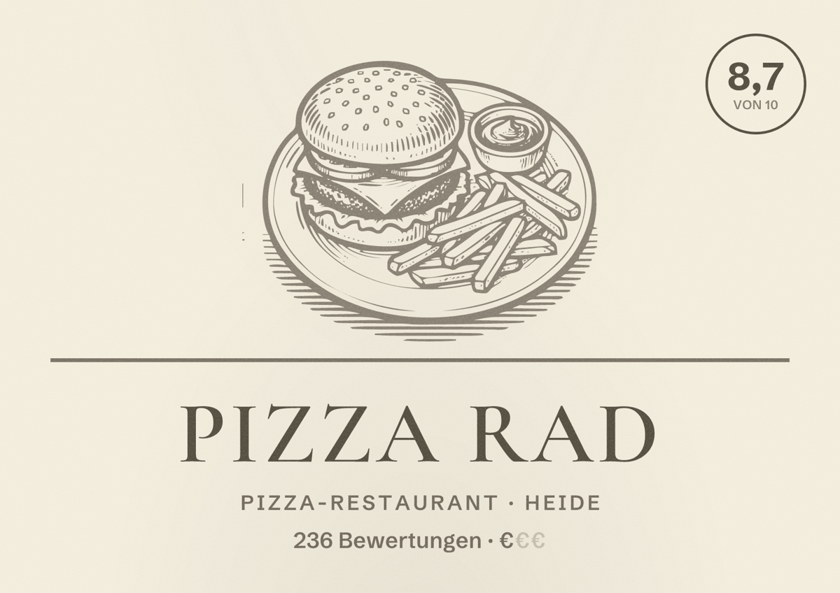 Illustriertes Poster von Pizza Rad, Pizza-Restaurant in Heide: Bewertung 8,7 von 10 aus 236 Bewertungen, Preisniveau €