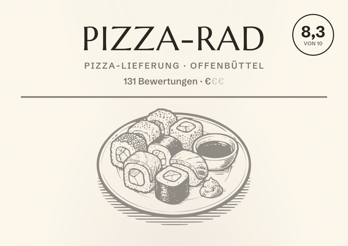 Illustriertes Poster von Pizza-Rad, Pizza-Lieferung in Offenbüttel: Bewertung 8,3 von 10 aus 131 Bewertungen, Preisniveau €
