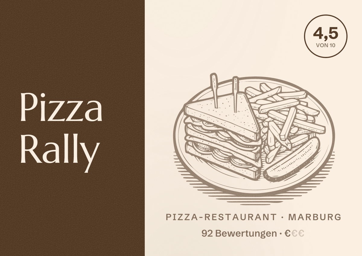 Illustriertes Poster von Pizza Rally, Pizza-Restaurant in Marburg: Bewertung 4,5 von 10 aus 92 Bewertungen, Preisniveau €