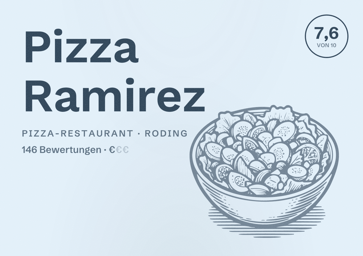 Illustriertes Poster von Pizza Ramirez, Pizza-Restaurant in Roding: Bewertung 7,6 von 10 aus 146 Bewertungen, Preisniveau €