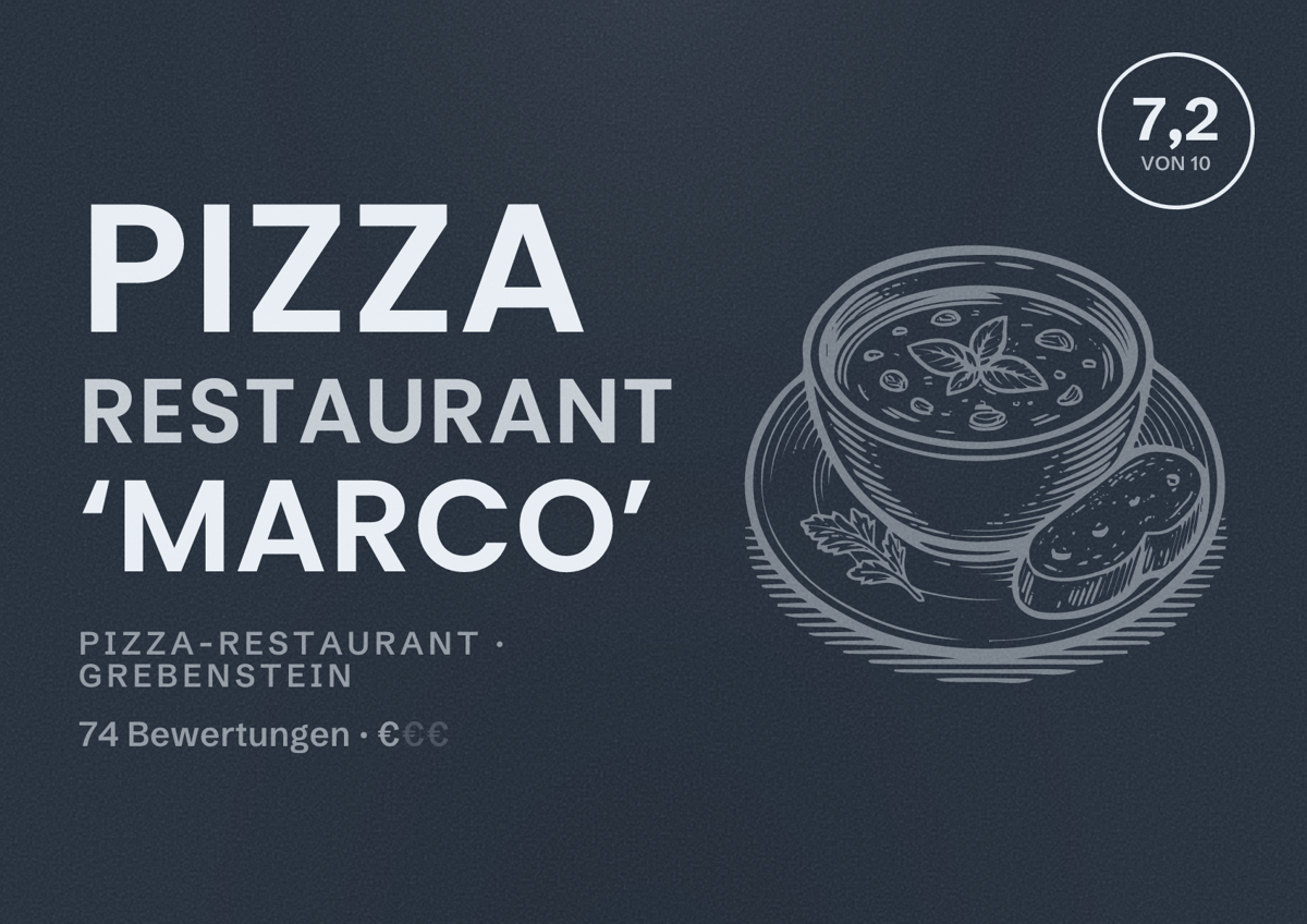 Illustriertes Poster von Pizza restaurant ‘Marco’, Pizza-Restaurant in Grebenstein: Bewertung 7,2 von 10 aus 74 Bewertungen, Preisniveau €