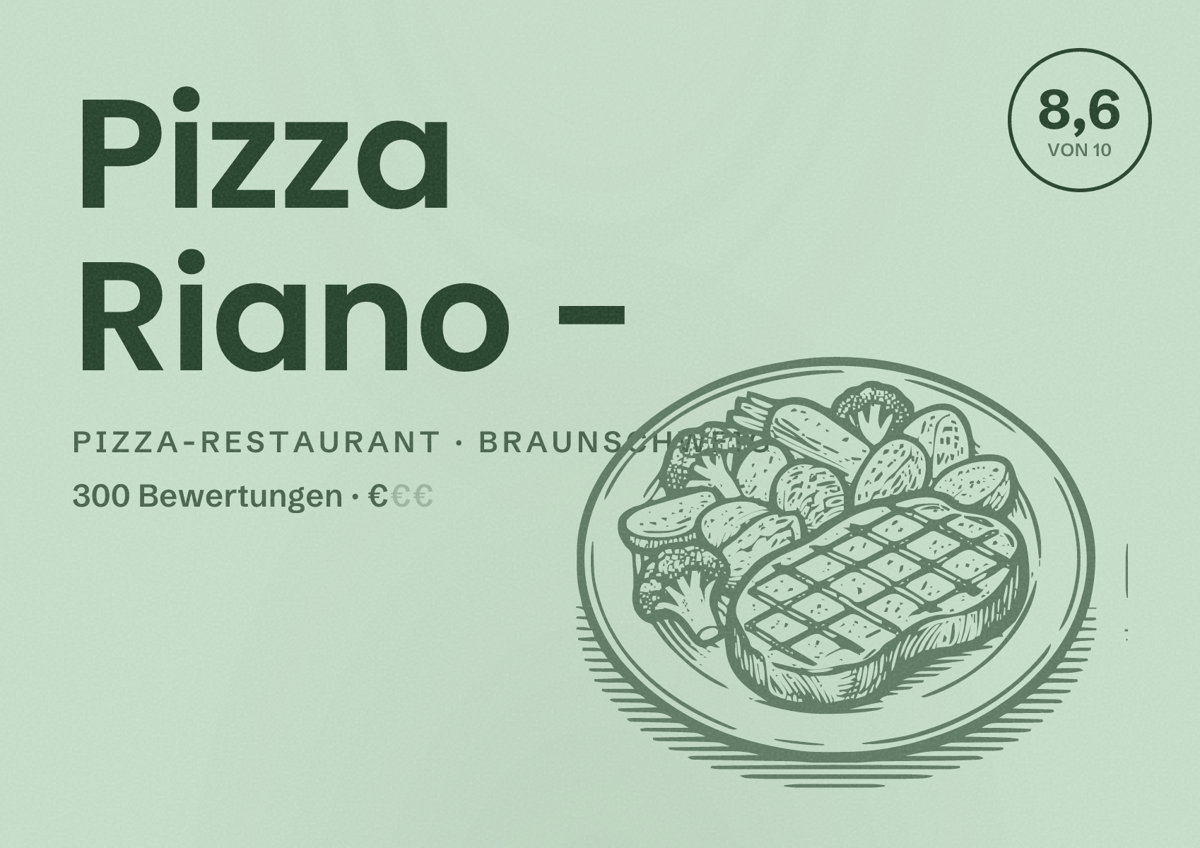 Illustriertes Poster von Pizza Riano -, Pizza-Restaurant in Braunschweig: Bewertung 8,6 von 10 aus 300 Bewertungen, Preisniveau €