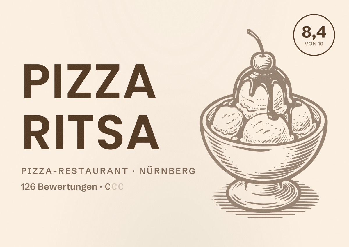 Illustriertes Poster von Pizza Ritsa, Pizza-Restaurant in Nürnberg: Bewertung 8,4 von 10 aus 126 Bewertungen, Preisniveau €