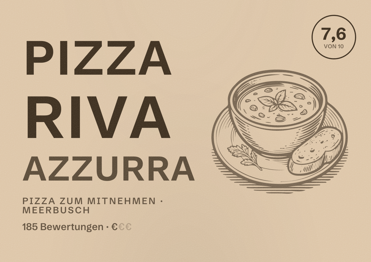 Illustriertes Poster von Pizza Riva Azzurra, Pizza zum Mitnehmen in Meerbusch: Bewertung 7,6 von 10 aus 185 Bewertungen, Preisniveau €