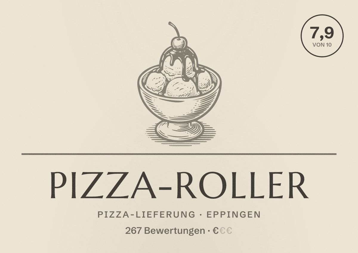 Illustriertes Poster von Pizza-Roller, Pizza-Lieferung in Eppingen: Bewertung 7,9 von 10 aus 267 Bewertungen, Preisniveau €