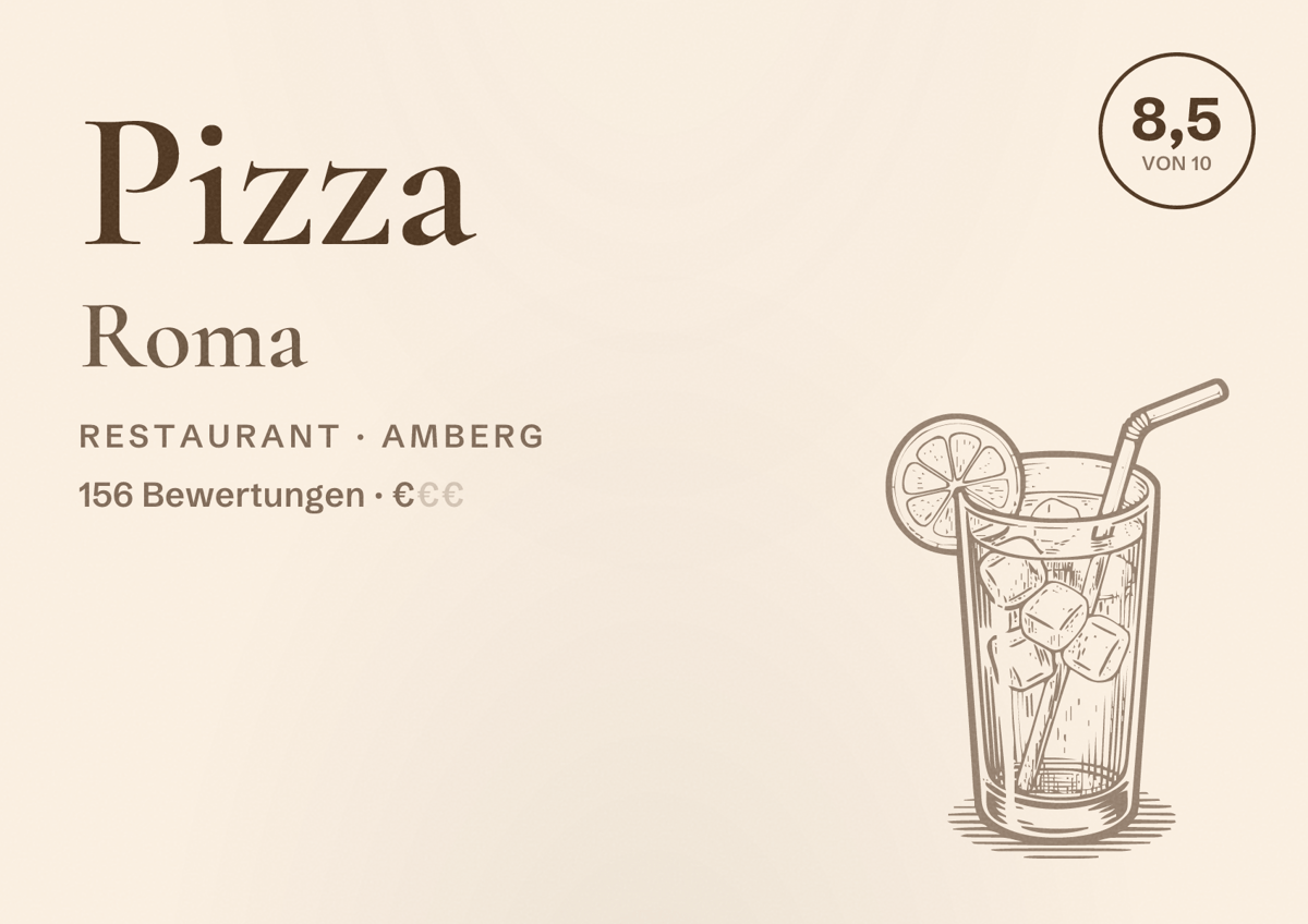 Illustriertes Poster von Pizza Roma, Restaurant in Amberg: Bewertung 8,5 von 10 aus 156 Bewertungen, Preisniveau €