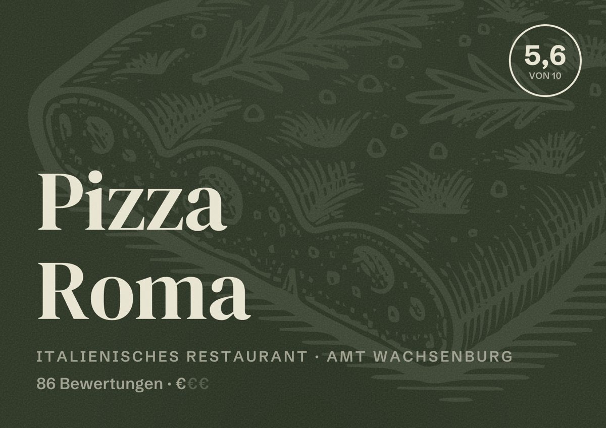 Illustriertes Poster von Pizza Roma, Italienisches Restaurant in Amt Wachsenburg: Bewertung 5,6 von 10 aus 86 Bewertungen, Preisniveau €
