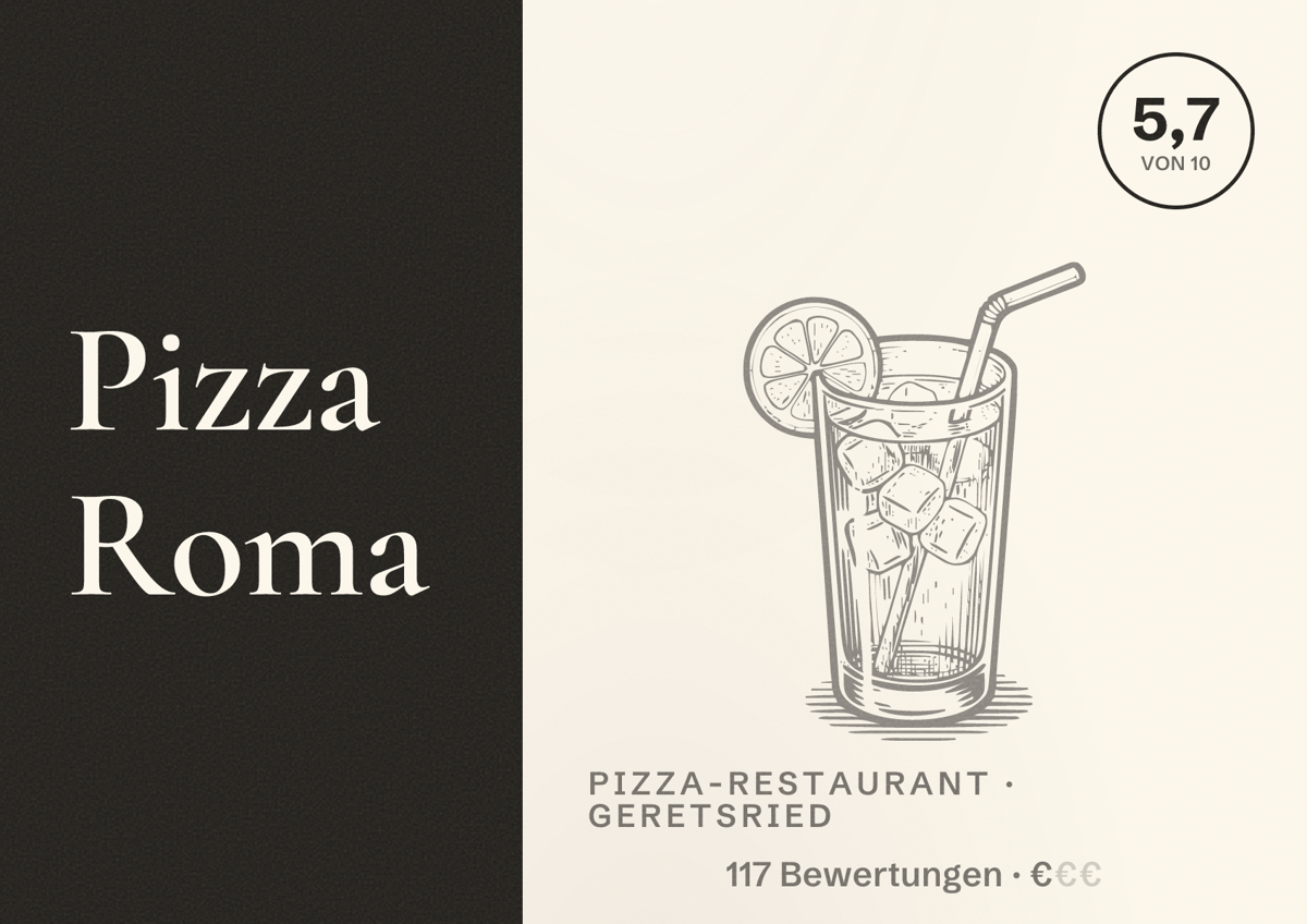 Illustriertes Poster von Pizza Roma, Pizza-Restaurant in Geretsried: Bewertung 5,7 von 10 aus 117 Bewertungen, Preisniveau €