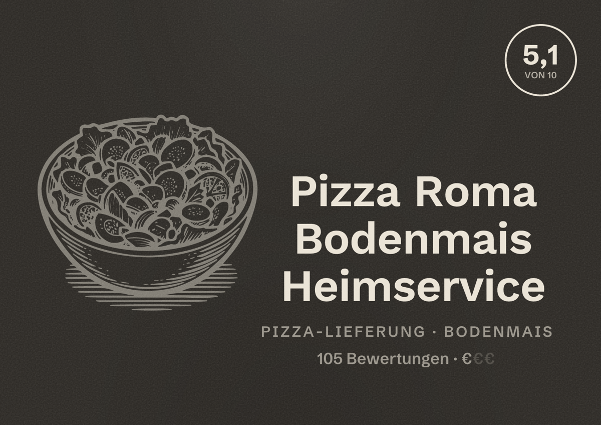 Illustriertes Poster von Pizza Roma Bodenmais Heimservice, Pizza-Lieferung in Bodenmais: Bewertung 5,1 von 10 aus 105 Bewertungen, Preisniveau €