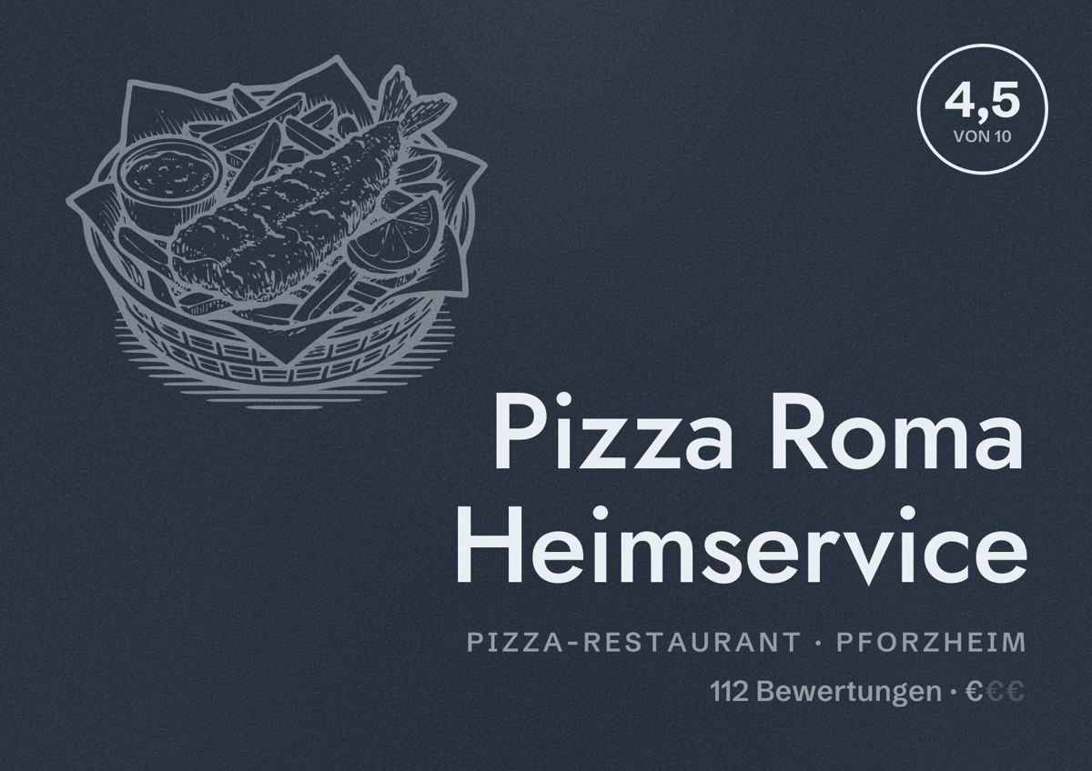 Illustriertes Poster von Pizza Roma Heimservice, Pizza-Restaurant in Pforzheim: Bewertung 4,5 von 10 aus 112 Bewertungen, Preisniveau €
