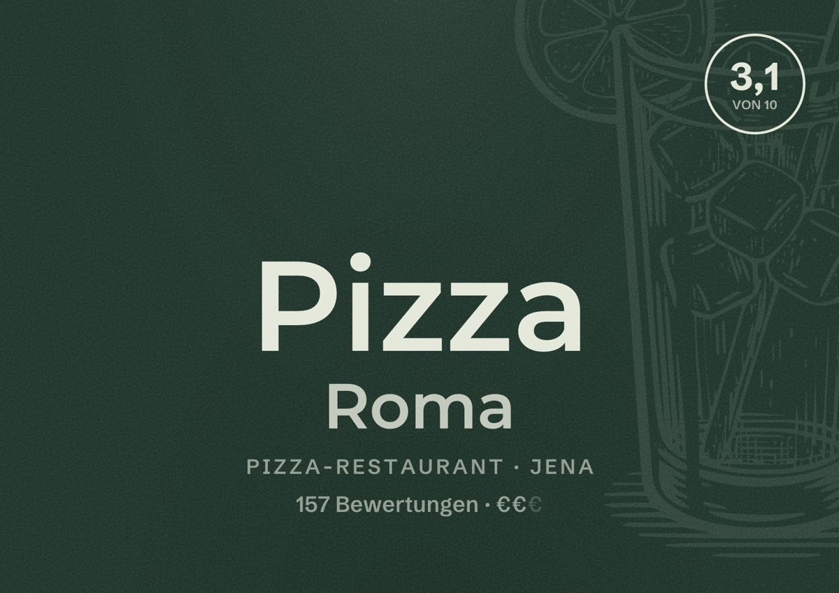 Illustriertes Poster von Pizza Roma, Pizza-Restaurant in Jena: Bewertung 3,1 von 10 aus 157 Bewertungen, Preisniveau €€