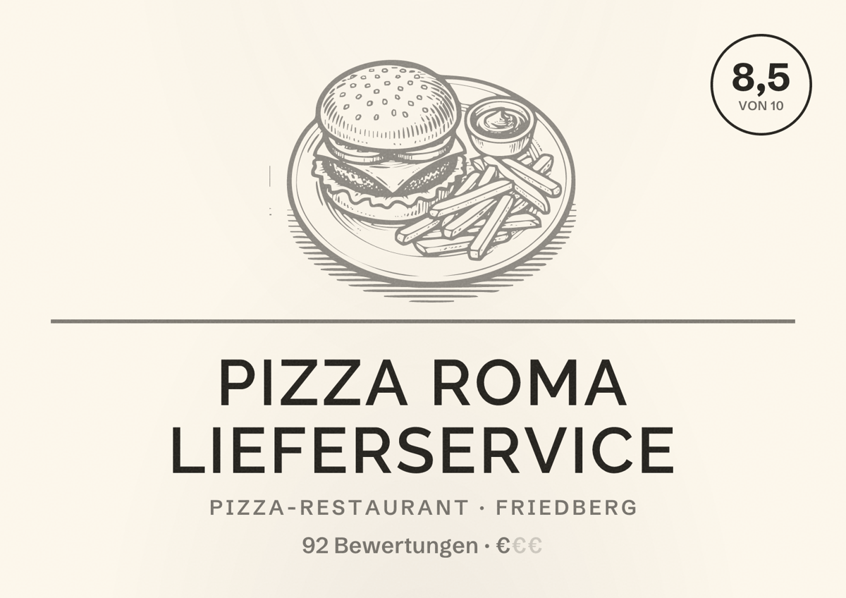 Illustriertes Poster von Pizza Roma Lieferservice, Pizza-Restaurant in Friedberg: Bewertung 8,5 von 10 aus 92 Bewertungen, Preisniveau €