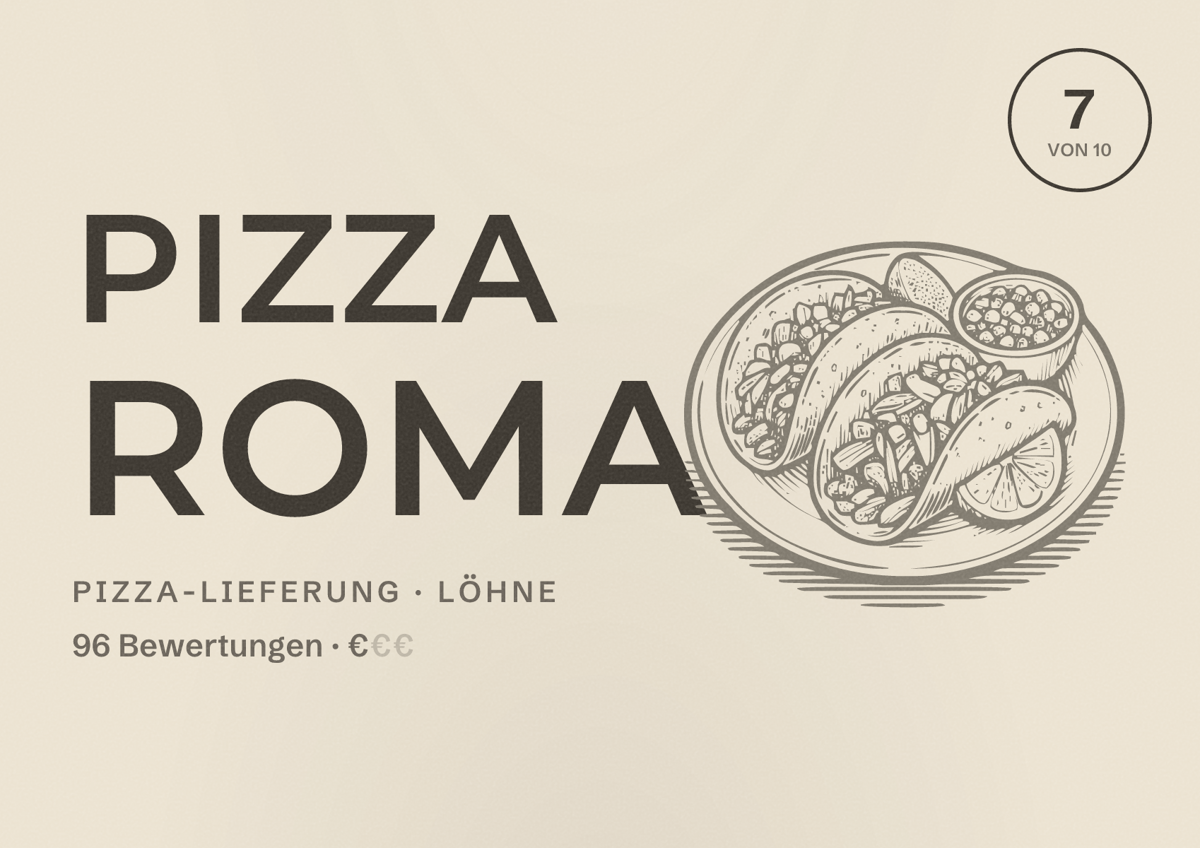 Illustriertes Poster von Pizza Roma, Pizza-Lieferung in Löhne: Bewertung 7 von 10 aus 96 Bewertungen, Preisniveau €