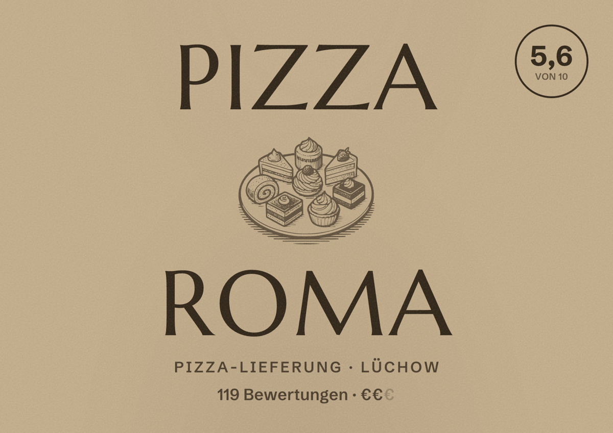 Illustriertes Poster von Pizza Roma, Pizza-Lieferung in Lüchow: Bewertung 5,6 von 10 aus 119 Bewertungen, Preisniveau €€