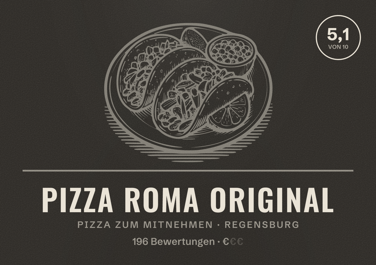 Illustriertes Poster von Pizza Roma Original, Pizza zum Mitnehmen in Regensburg: Bewertung 5,1 von 10 aus 196 Bewertungen, Preisniveau €