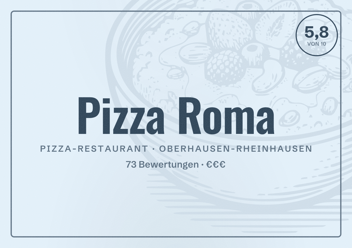 Illustriertes Poster von Pizza Roma, Pizza-Restaurant in Oberhausen-Rheinhausen: Bewertung 5,8 von 10 aus 73 Bewertungen, Preisniveau €€€