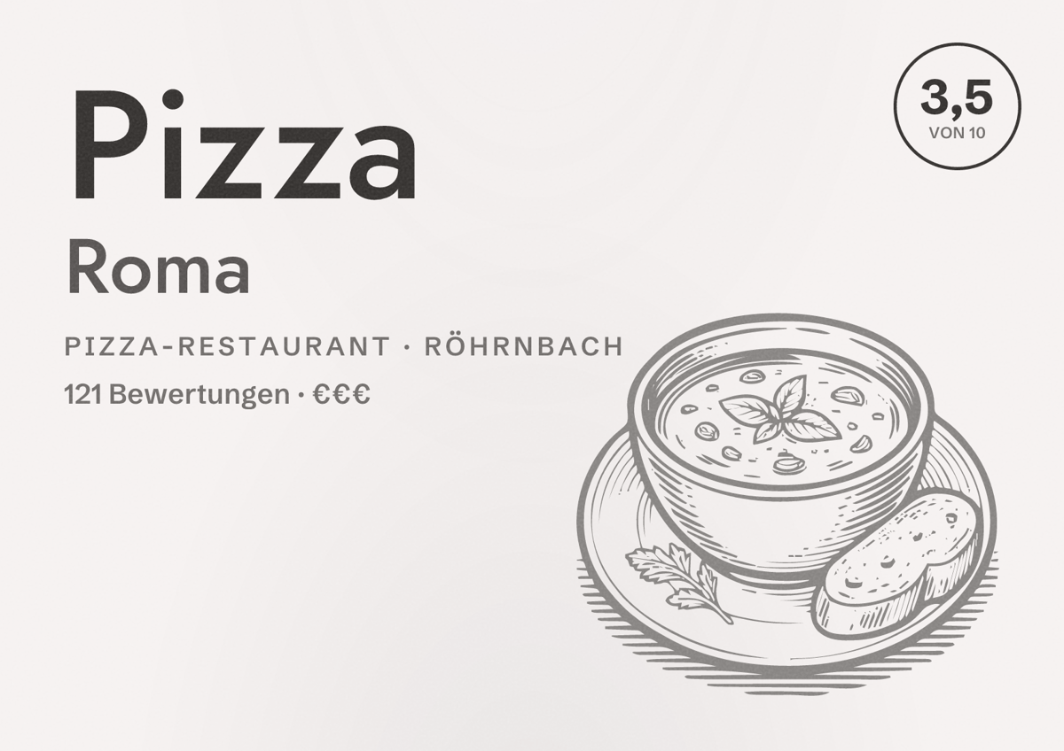 Illustriertes Poster von Pizza Roma, Pizza-Restaurant in Röhrnbach: Bewertung 3,5 von 10 aus 121 Bewertungen, Preisniveau €€€