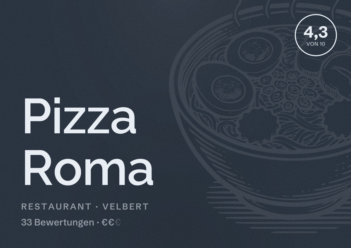 Illustriertes Poster von Pizza Roma, Restaurant in Velbert: Bewertung 4,3 von 10 aus 33 Bewertungen, Preisniveau €€