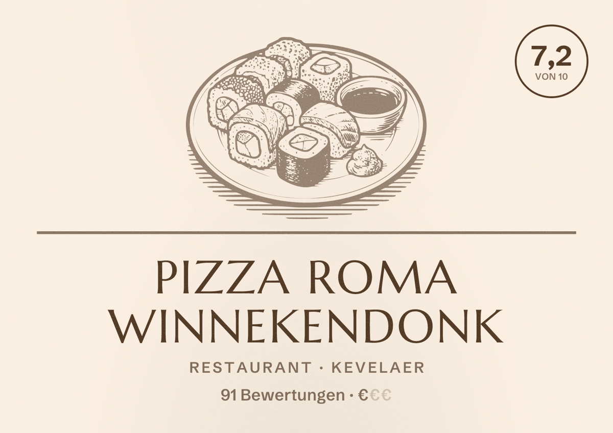 Illustriertes Poster von Pizza Roma Winnekendonk, Restaurant in Kevelaer: Bewertung 7,2 von 10 aus 91 Bewertungen, Preisniveau €