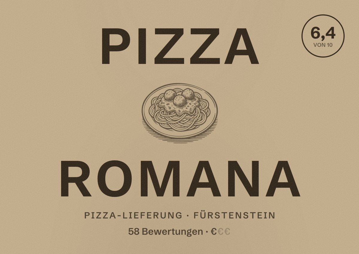 Illustriertes Poster von Pizza Romana, Pizza-Lieferung in Fürstenstein: Bewertung 6,4 von 10 aus 58 Bewertungen, Preisniveau €