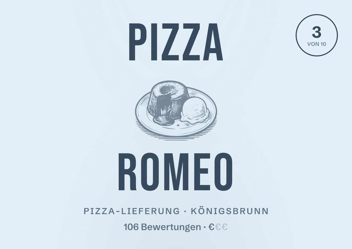 Illustriertes Poster von Pizza Romeo, Pizza-Lieferung in Königsbrunn: Bewertung 3 von 10 aus 106 Bewertungen, Preisniveau €