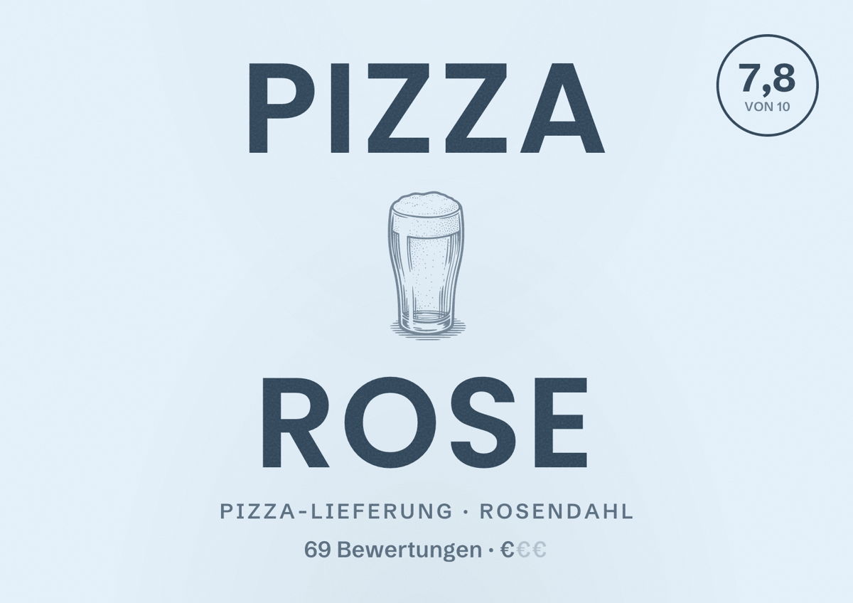 Illustriertes Poster von Pizza Rose, Pizza-Lieferung in Rosendahl: Bewertung 7,8 von 10 aus 69 Bewertungen, Preisniveau €