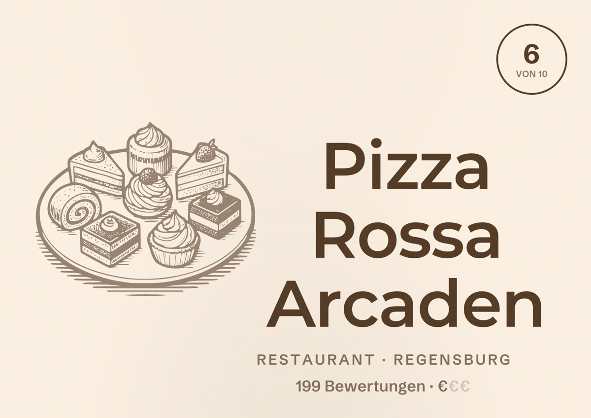 Illustriertes Poster von Pizza Rossa Arcaden, Restaurant in Regensburg: Bewertung 6 von 10 aus 199 Bewertungen, Preisniveau €