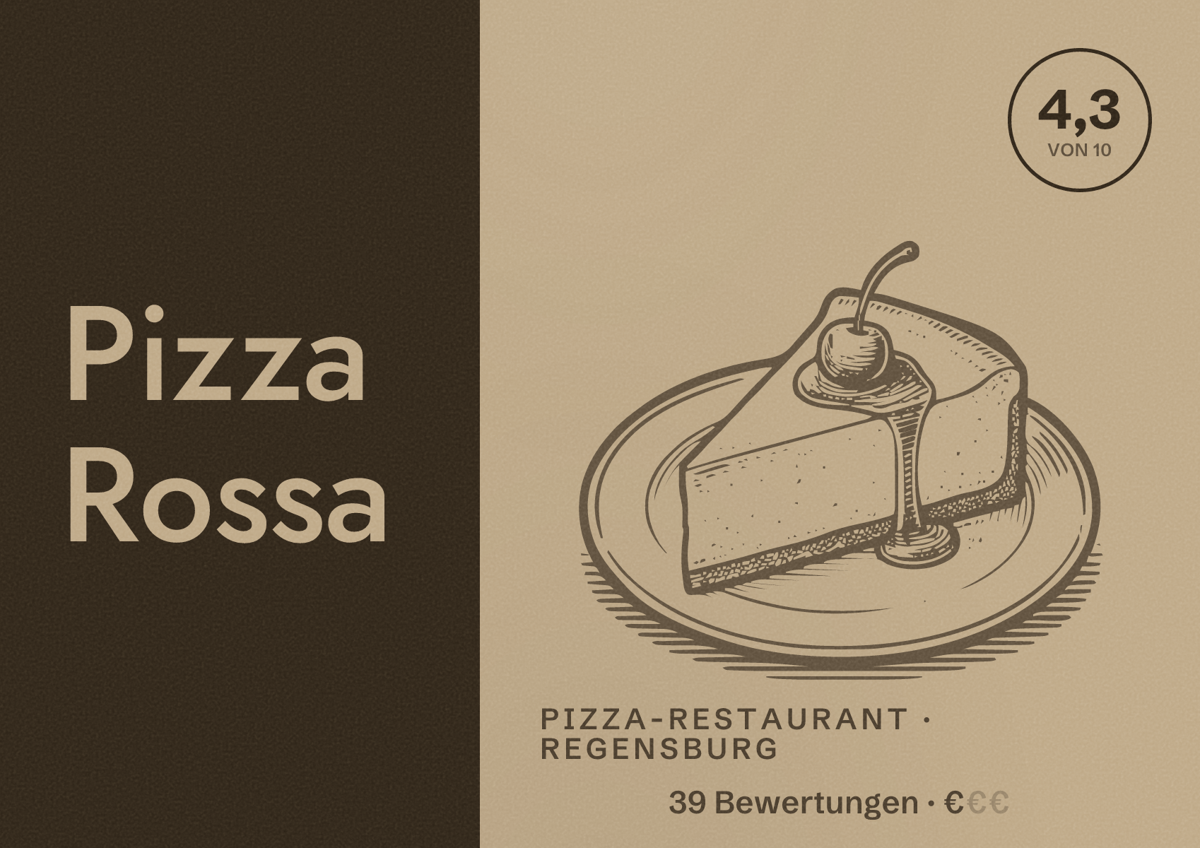Illustriertes Poster von Pizza Rossa, Pizza-Restaurant in Regensburg: Bewertung 4,3 von 10 aus 39 Bewertungen, Preisniveau €