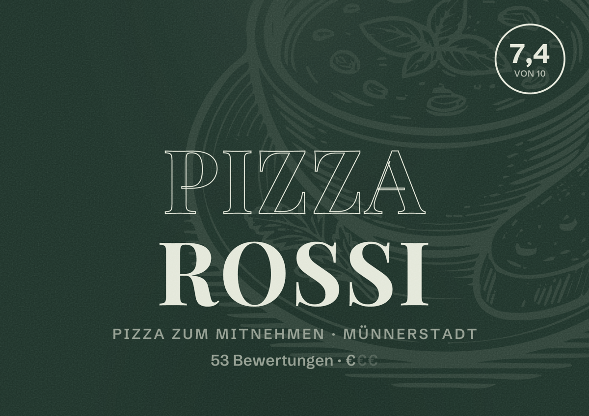 Illustriertes Poster von Pizza Rossi, Pizza zum Mitnehmen in Münnerstadt: Bewertung 7,4 von 10 aus 53 Bewertungen, Preisniveau €
