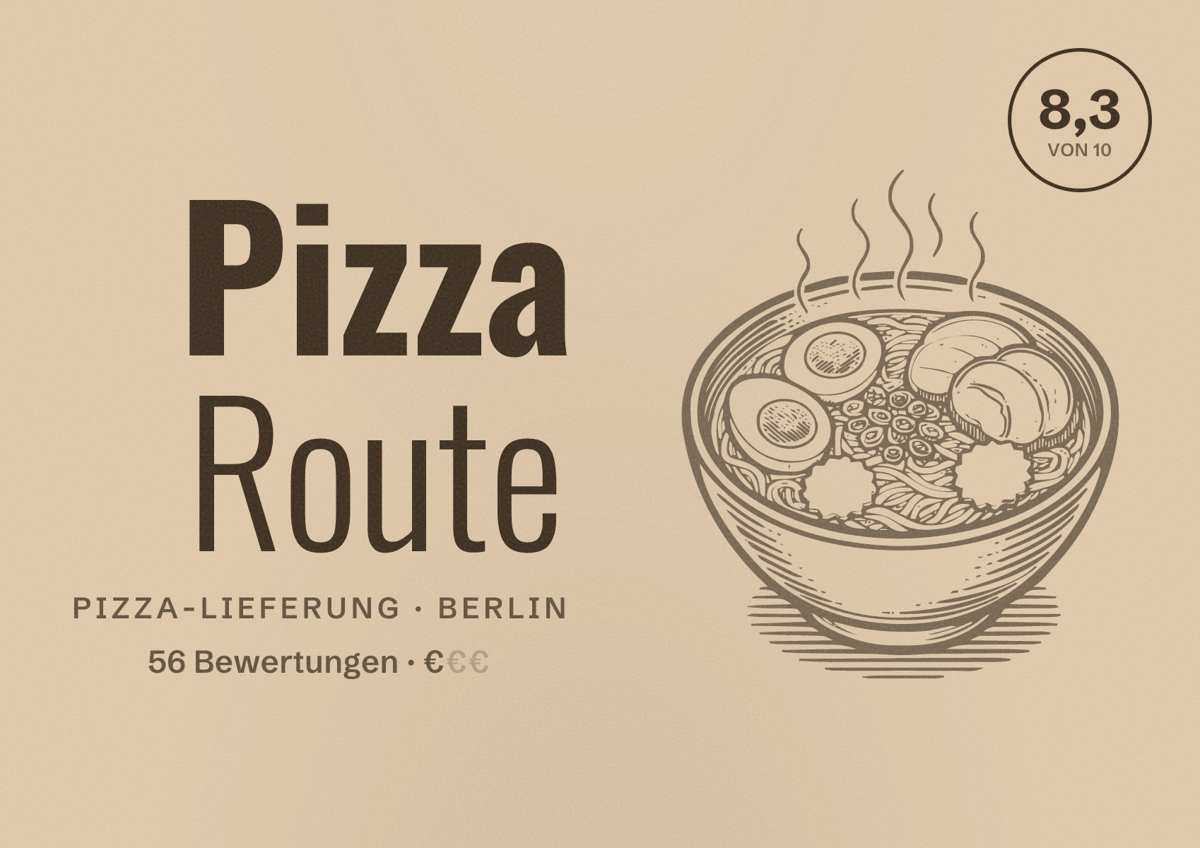 Illustriertes Poster von Pizza Route, Pizza-Lieferung in Berlin: Bewertung 8,3 von 10 aus 56 Bewertungen, Preisniveau €