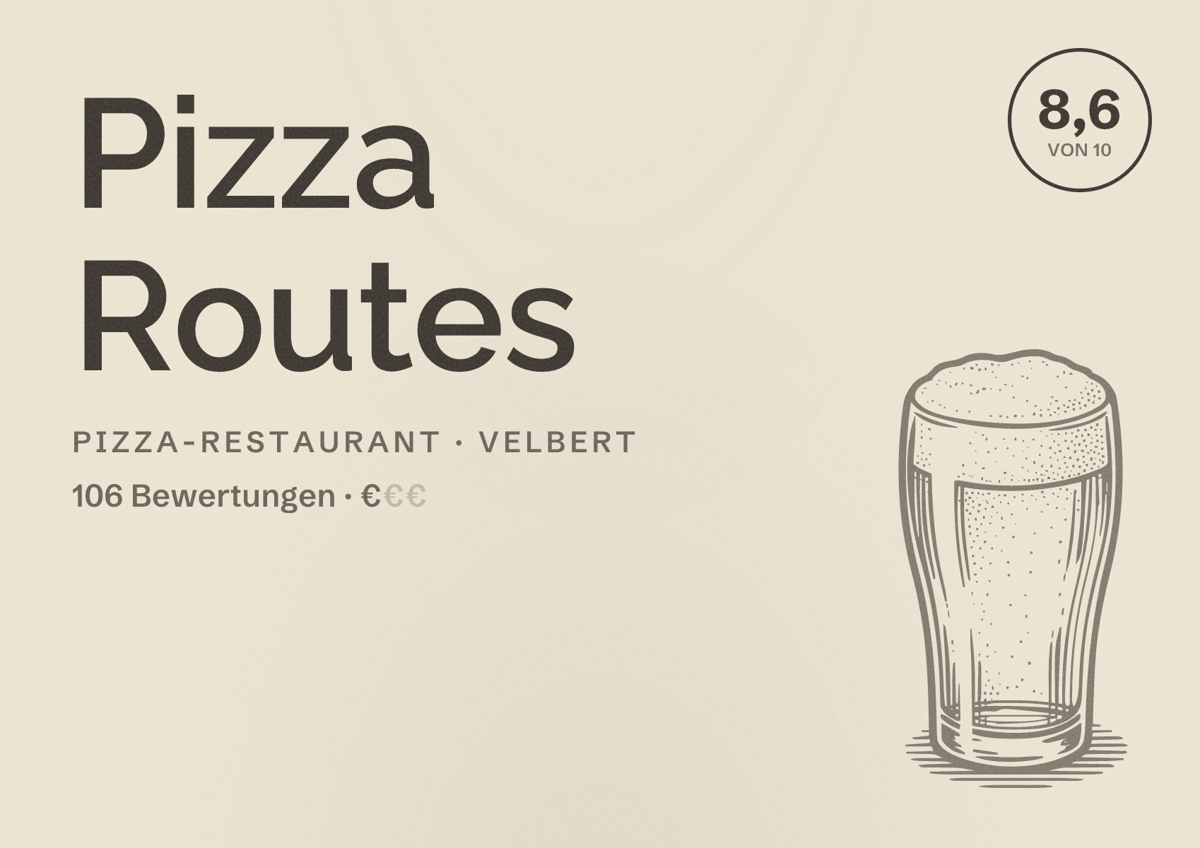Illustriertes Poster von Pizza Routes, Pizza-Restaurant in Velbert: Bewertung 8,6 von 10 aus 106 Bewertungen, Preisniveau €