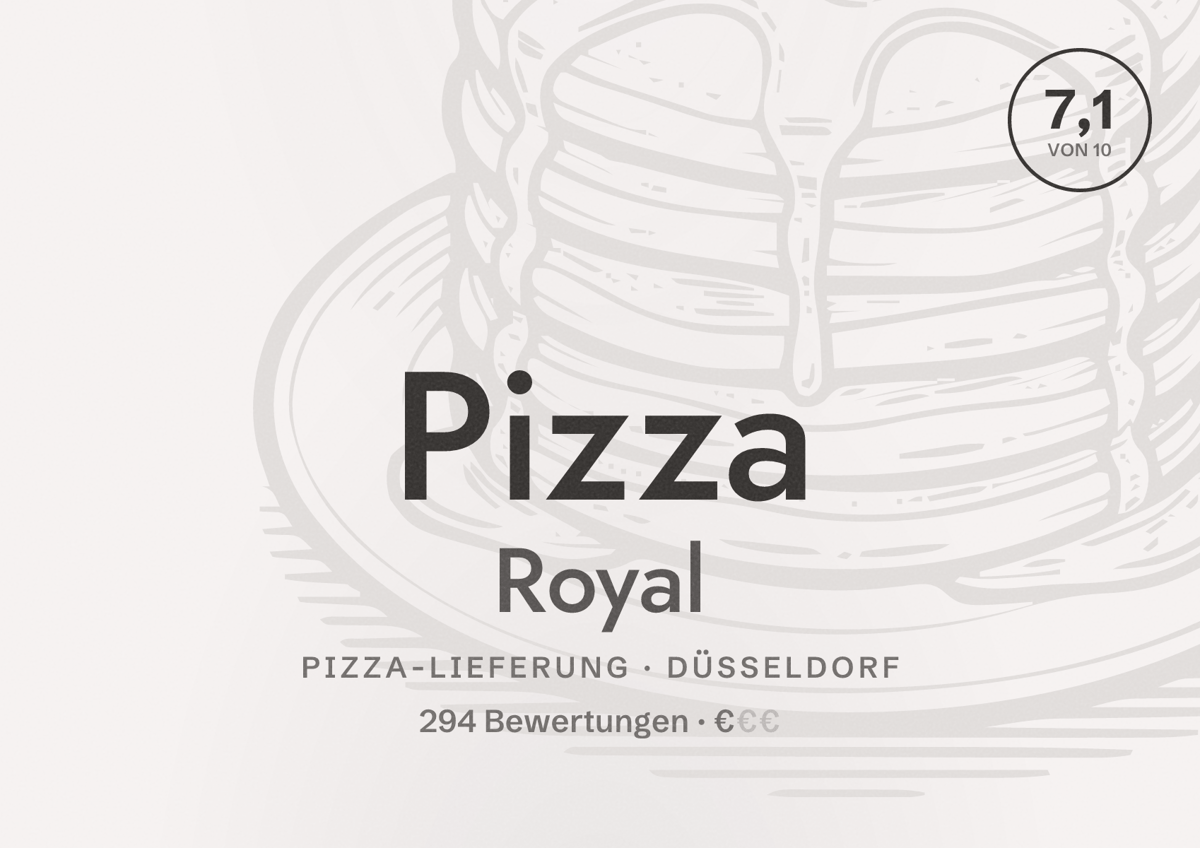 Illustriertes Poster von Pizza Royal, Pizza-Lieferung in Düsseldorf: Bewertung 7,1 von 10 aus 294 Bewertungen, Preisniveau €