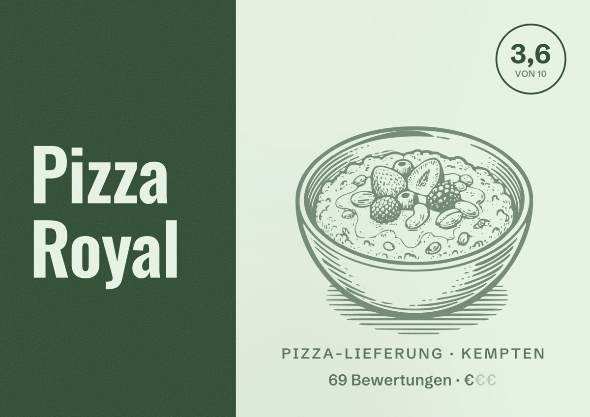 Illustriertes Poster von Pizza Royal, Pizza-Lieferung in Kempten: Bewertung 3,6 von 10 aus 69 Bewertungen, Preisniveau €
