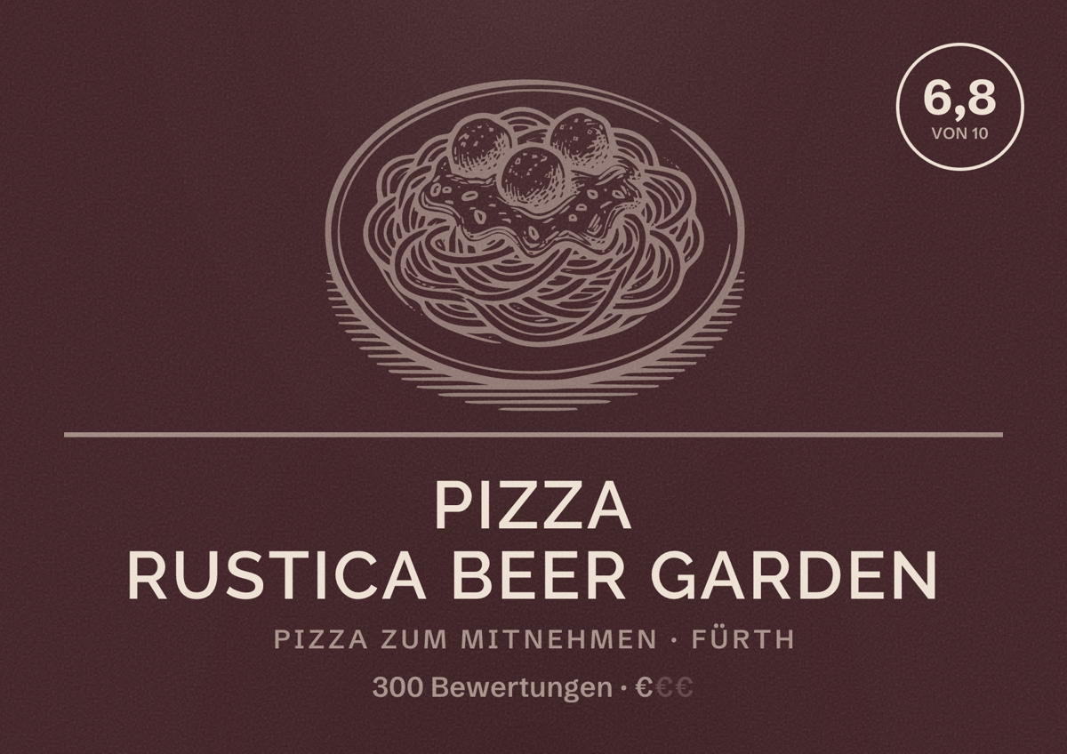 Illustriertes Poster von Pizza Rustica Beer Garden, Pizza zum Mitnehmen in Fürth: Bewertung 6,8 von 10 aus 300 Bewertungen, Preisniveau €
