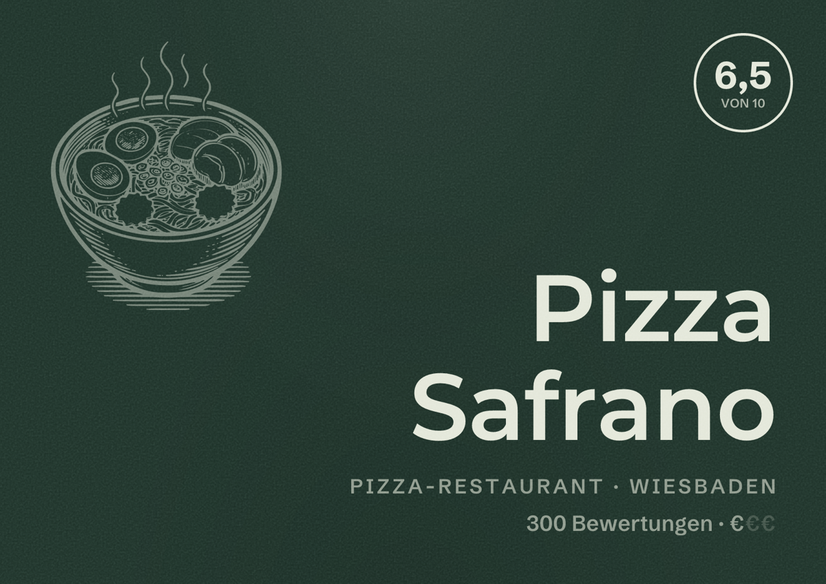 Illustriertes Poster von Pizza Safrano, Pizza-Restaurant in Wiesbaden: Bewertung 6,5 von 10 aus 300 Bewertungen, Preisniveau €
