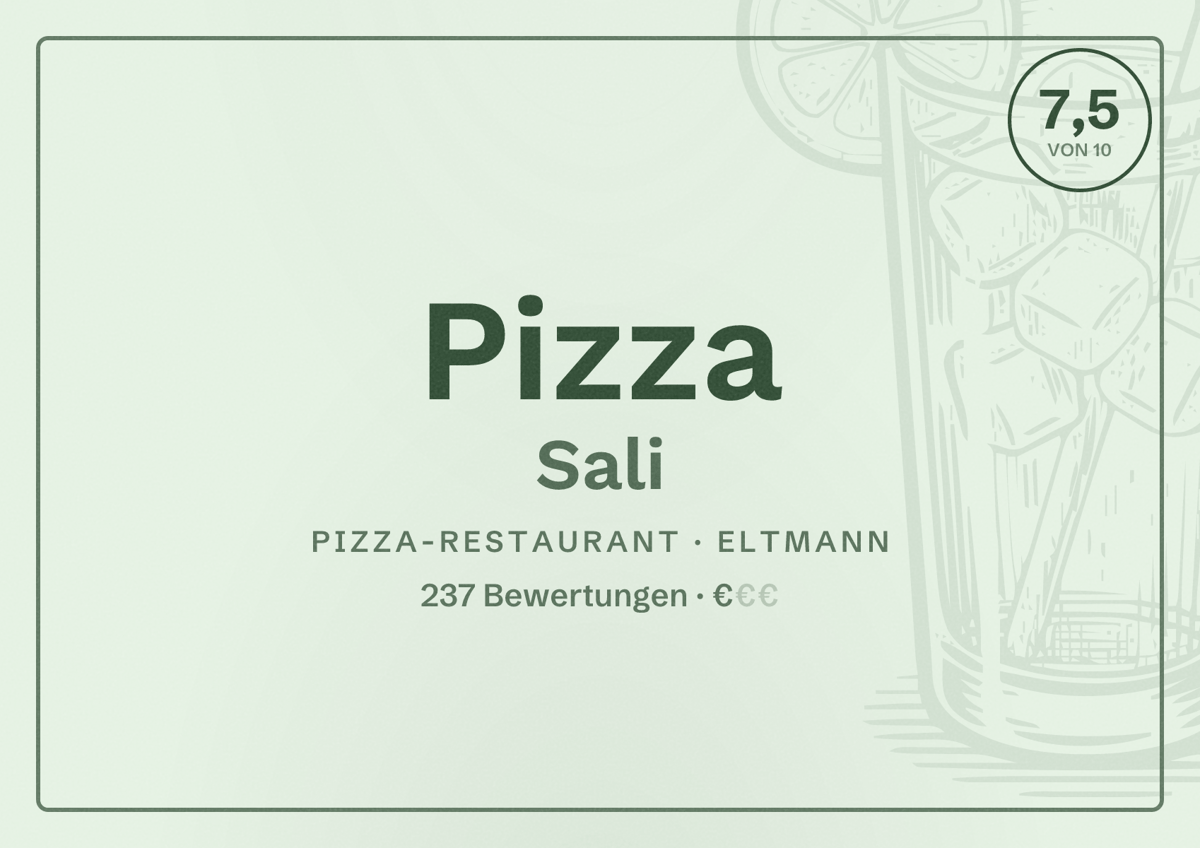 Illustriertes Poster von Pizza Sali, Pizza-Restaurant in Eltmann: Bewertung 7,5 von 10 aus 237 Bewertungen, Preisniveau €