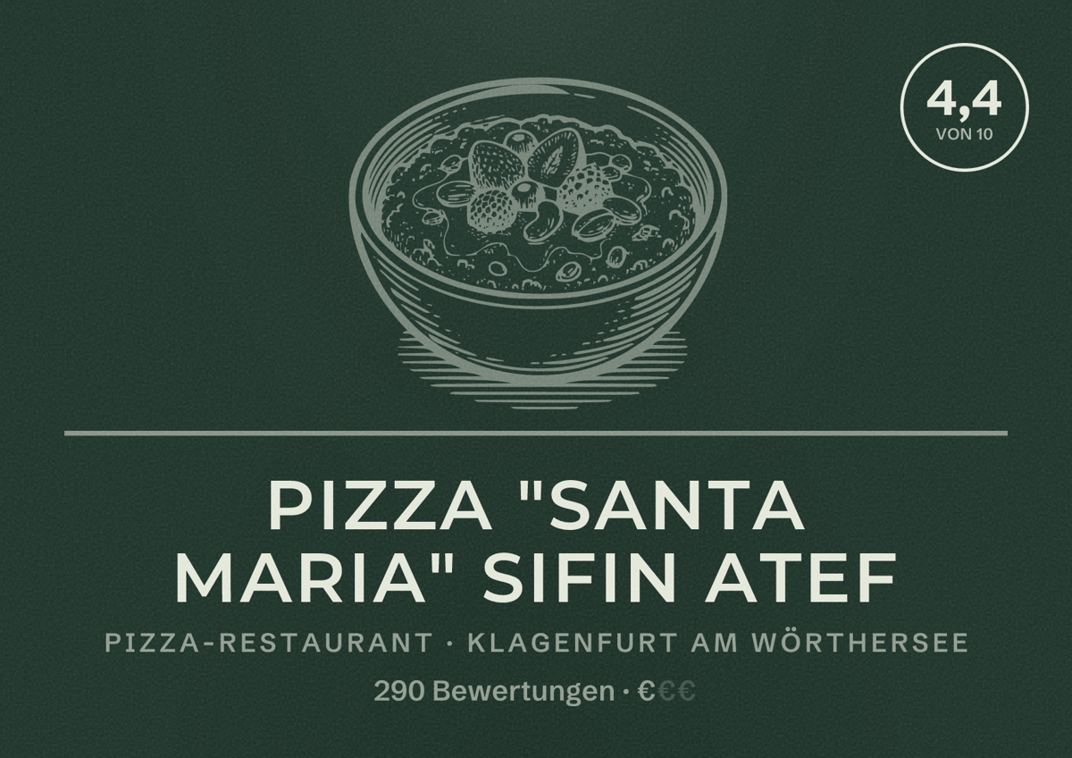 Illustriertes Poster von Pizza "Santa Maria" Sifin Atef, Pizza-Restaurant in Klagenfurt am Wörthersee: Bewertung 4,4 von 10 aus 290 Bewertungen, Preisniveau €