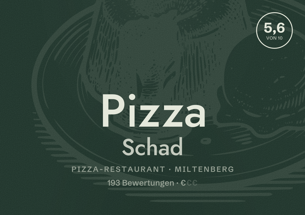 Illustriertes Poster von Pizza Schad, Pizza-Restaurant in Miltenberg: Bewertung 5,6 von 10 aus 193 Bewertungen, Preisniveau €