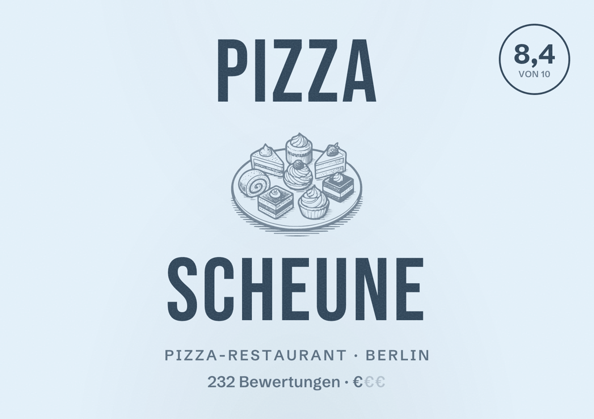 Illustriertes Poster von Pizza Scheune, Pizza-Restaurant in Berlin: Bewertung 8,4 von 10 aus 232 Bewertungen, Preisniveau €