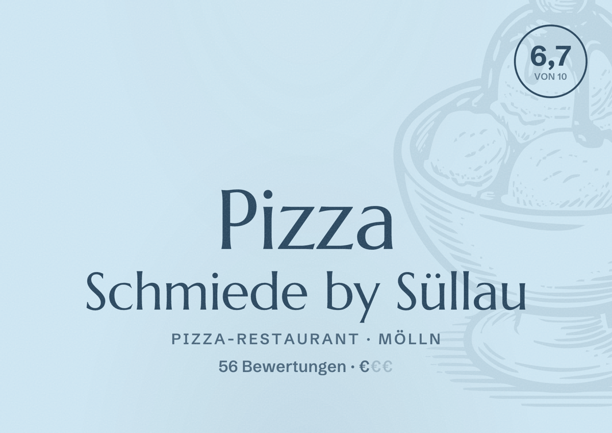Illustriertes Poster von Pizza Schmiede by Süllau, Pizza-Restaurant in Mölln: Bewertung 6,7 von 10 aus 56 Bewertungen, Preisniveau €