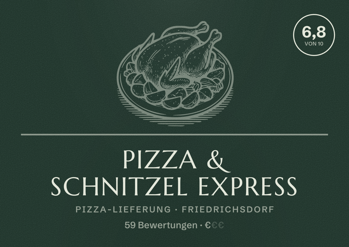 Illustriertes Poster von Pizza & Schnitzel Express, Pizza-Lieferung in Friedrichsdorf: Bewertung 6,8 von 10 aus 59 Bewertungen, Preisniveau €