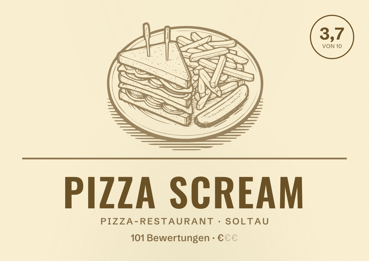Illustriertes Poster von Pizza Scream, Pizza-Restaurant in Soltau: Bewertung 3,7 von 10 aus 101 Bewertungen, Preisniveau €