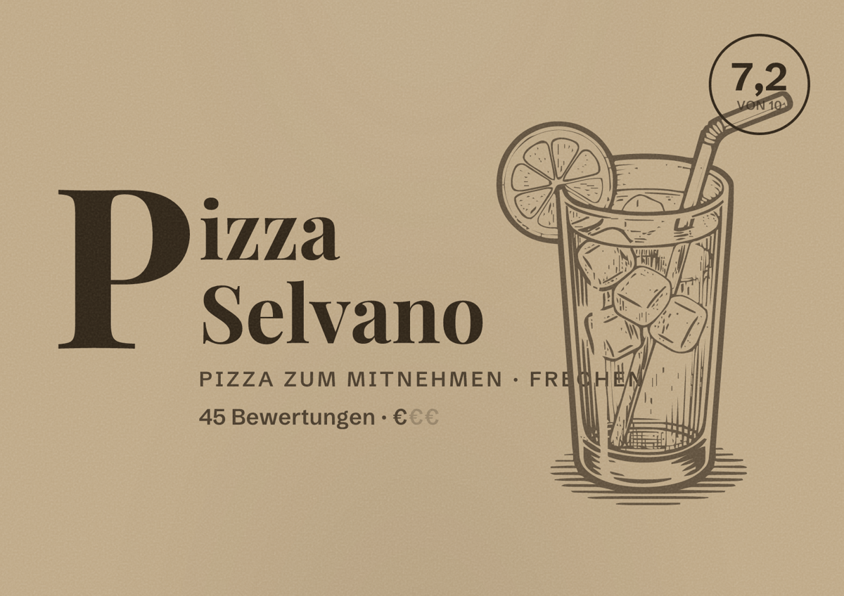 Illustriertes Poster von Pizza Selvano, Pizza zum Mitnehmen in Frechen: Bewertung 7,2 von 10 aus 45 Bewertungen, Preisniveau €