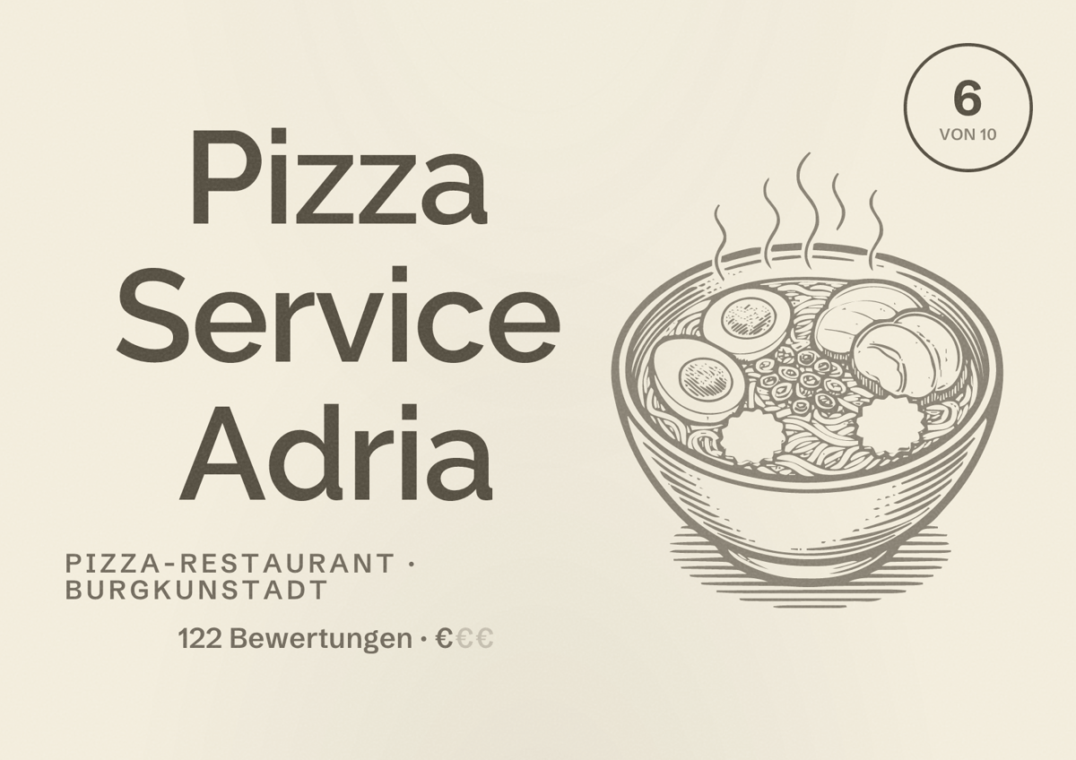 Illustriertes Poster von Pizza Service Adria, Pizza-Restaurant in Burgkunstadt: Bewertung 6 von 10 aus 122 Bewertungen, Preisniveau €