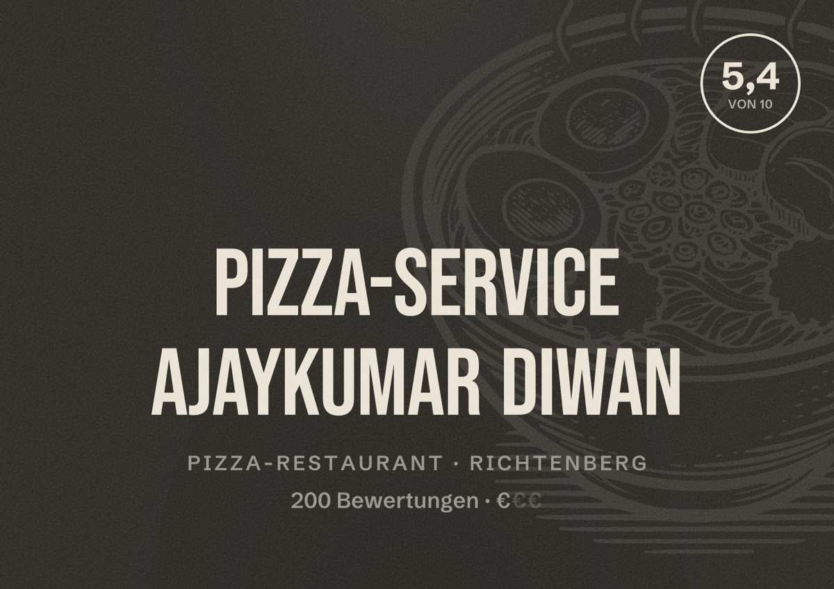Illustriertes Poster von Pizza-Service Ajaykumar Diwan, Pizza-Restaurant in Richtenberg: Bewertung 5,4 von 10 aus 200 Bewertungen, Preisniveau €