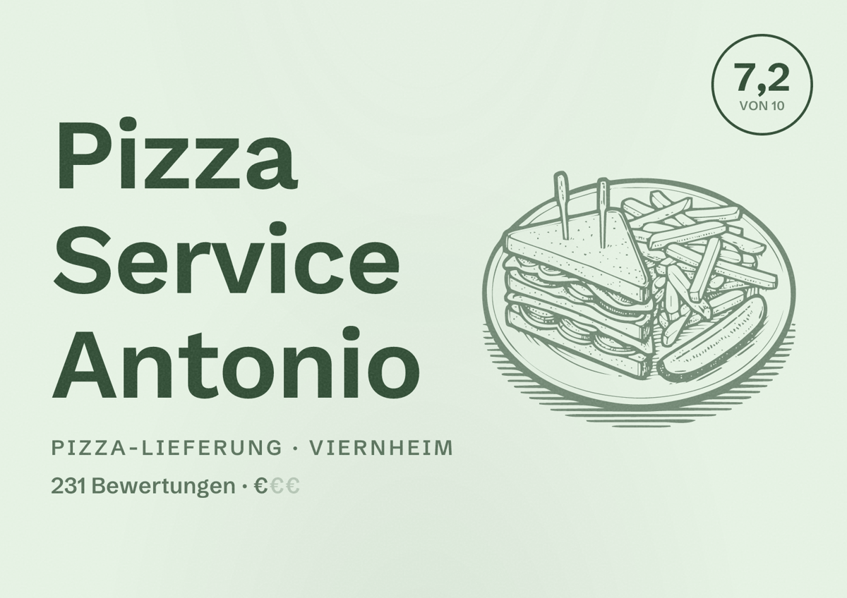 Illustriertes Poster von Pizza Service Antonio, Pizza-Lieferung in Viernheim: Bewertung 7,2 von 10 aus 231 Bewertungen, Preisniveau €
