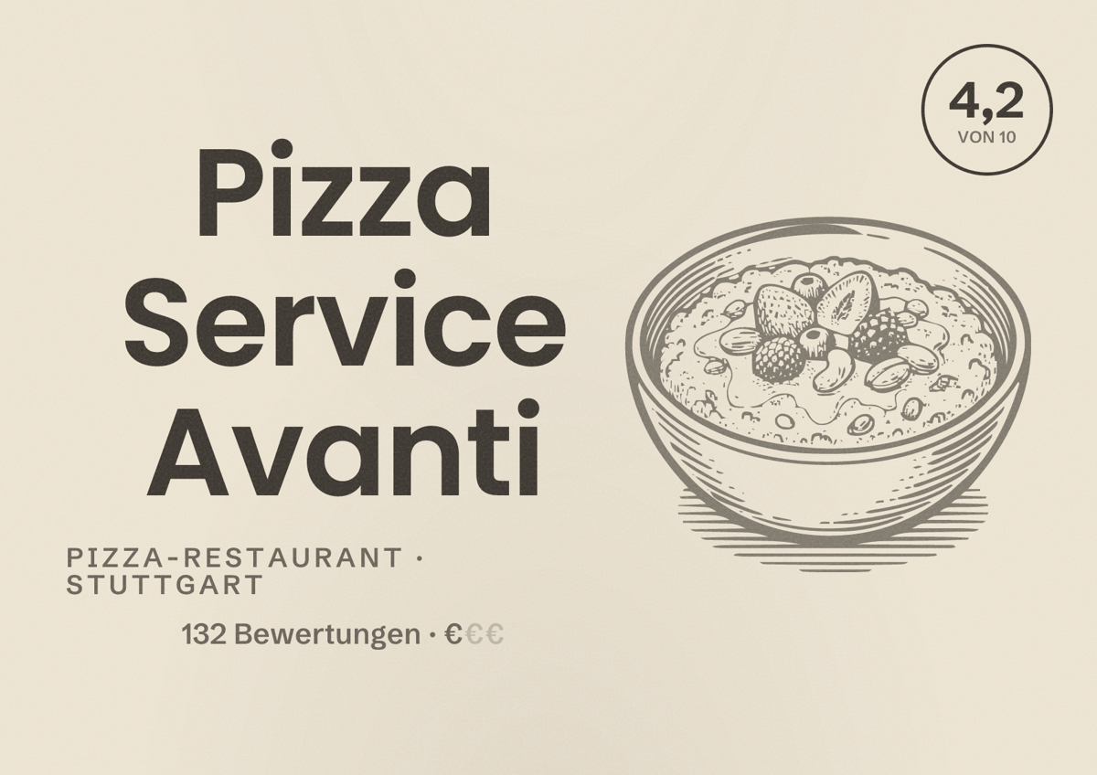 Illustriertes Poster von Pizza Service Avanti, Pizza-Restaurant in Stuttgart: Bewertung 4,2 von 10 aus 132 Bewertungen, Preisniveau €