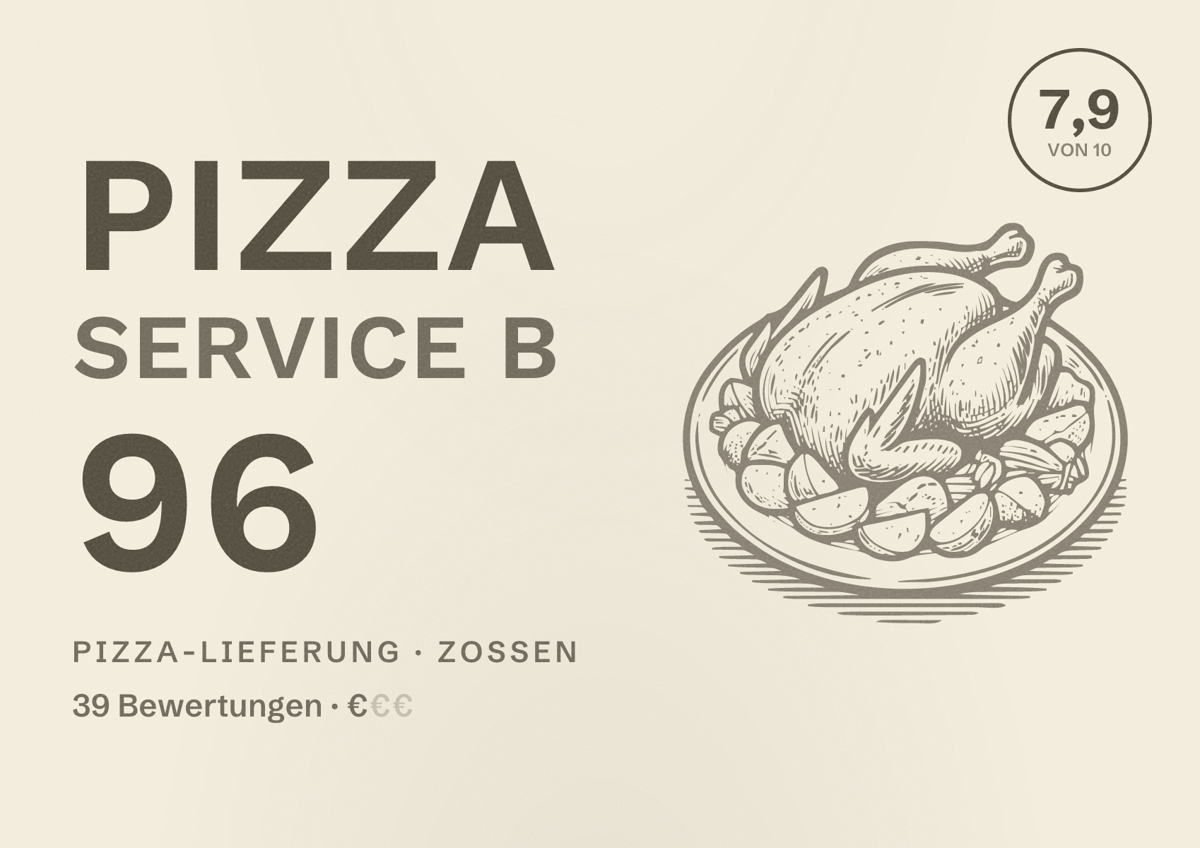 Illustriertes Poster von Pizza Service B 96, Pizza-Lieferung in Zossen: Bewertung 7,9 von 10 aus 39 Bewertungen, Preisniveau €